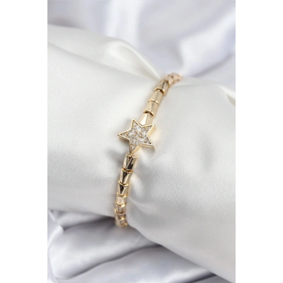Pirinç VIP Seri Gold Renk Zirkon Taşlı Yıldız Model Kadın Bileklik