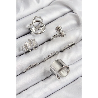 ÇOK SATAN Pirinç Yaprak Model Gümüş Renk Kadın Yüzük Kombin Set