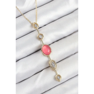 ÇOK SATAN Pirinç Zincir Pembe Gold Renk Zirkon Taşlı Y Kolye