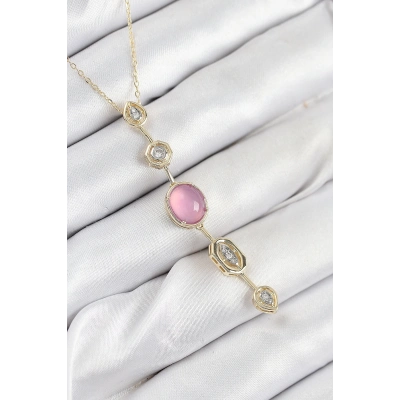 ÇOK SATAN Pirinç Zincir Pembe Gold Renk Zirkon Taşlı Y Kolye