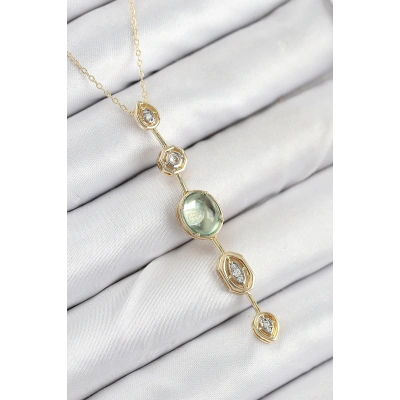 ÇOK SATAN Pirinç Zincir Yeşil Gold Renk Zirkon Taşlı Y Kolye