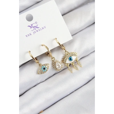 ÇOK SATAN Pirinç Zirkon Taşlı 3lü Fatmanın Gözü Model Gold Renk Kadın Küpe