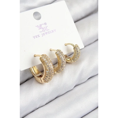 ÇOK SATAN Pirinç Zirkon Taşlı 3lü Halka Model Gold Renk Kadın Küpe