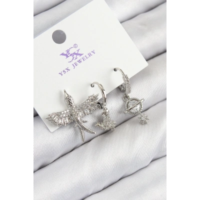 ÇOK SATAN Pirinç Zirkon Taşlı 3lü Kuş Model Gümüş Renk Kadın Küpe