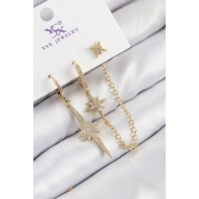 ÇOK SATAN Pirinç Zirkon Taşlı 3lü Kutup Yıldızı Model Gold Renk Kadın Küpe
