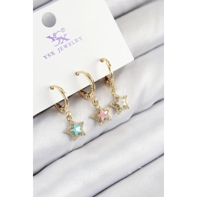 ÇOK SATAN Pirinç Zirkon Taşlı 3lü Renkli Yıldız Model Gold Renk Kadın Küpe