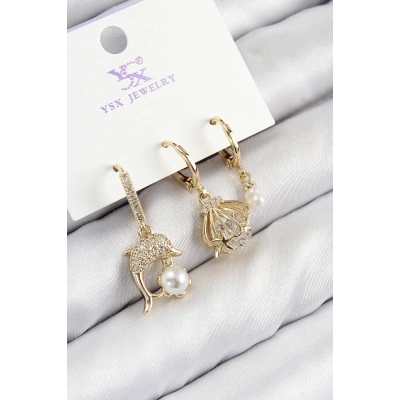 ÇOK SATAN Pirinç Zirkon Taşlı 3lü Yunus Balığı Ve İstiridye Model Gold Renk Kadın Küpe