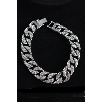 ÇOK SATAN Pirinç Zirkon Taşlı Cuba Gurmet Model Gümüş Renk Erkek Bileklik