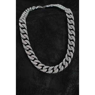 ÇOK SATAN Pirinç Zirkon Taşlı Cuba Gurmet Model Gümüş Renk Erkek Kolye