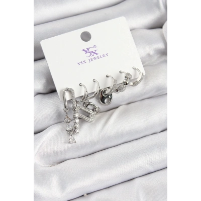 ÇOK SATAN Pirinç Zİrkon Taşlı Dikdörtgen Model Gümüş Renk 3lü Çift Kadın Küpe