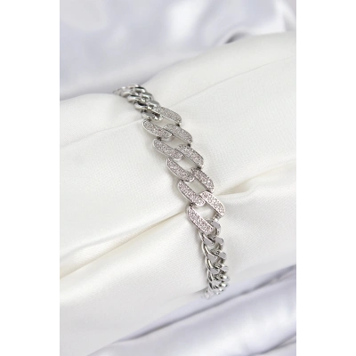 ÇOK SATAN Pirinç Zirkon Taşlı Ezme Küba Zincir Model Gümüş Renk Kadın Bileklik