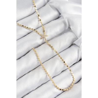 ÇOK SATAN Pirinç Zirkon Taşlı Ezme Zincirli Deniz Yıldızı Model Gold Renk Y Kolye