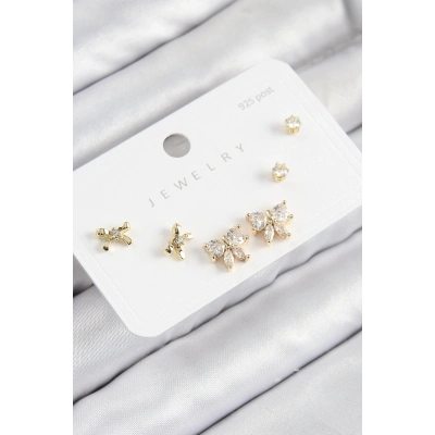 ÇOK SATAN Pirinç Zirkon Taşlı Fiyonk Model Gold Renk 925 Ayar Gümüş Çivi Kadın Küpe Set