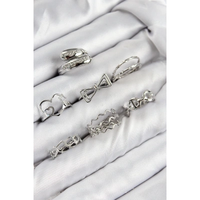 ÇOK SATAN Pirinç Zirkon Taşlı Fiyonk Ve Kalp Model Gümüş Renk Kadın Yüzük Kombin Set