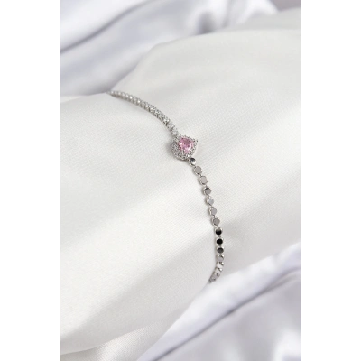 ÇOK SATAN Pirinç Zirkon Taşlı Kalp Model Ezme Zincir Gümüş Renk Kadın Bileklik