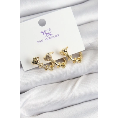 ÇOK SATAN Pirinç Zİrkon Taşlı Kalp Model Gold Renk 3lü Kadın Küpe
