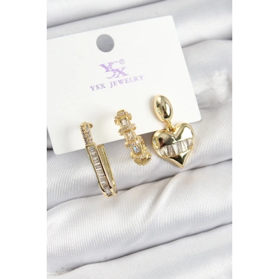 ÇOK SATAN Pirinç Zİrkon Taşlı Kalp Model Gold Renk 3lü Kadın Küpe