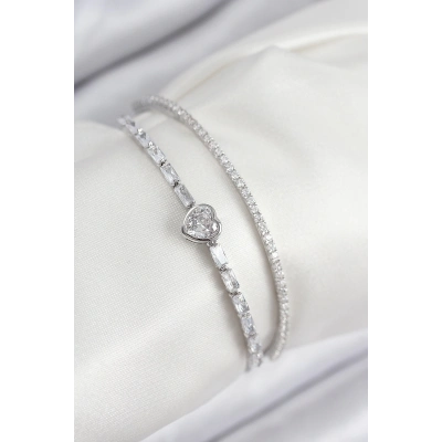 ÇOK SATAN Pirinç Zirkon Taşlı Kalp Model Gümüş Renk Kadın Bileklik