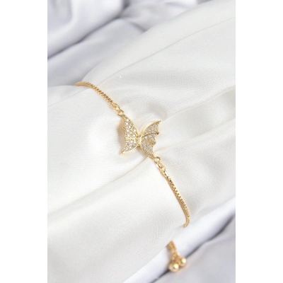 ÇOK SATAN Pirinç Zirkon Taşlı Kelebek Model Gold Renk Asansörlü Kadın Bileklik