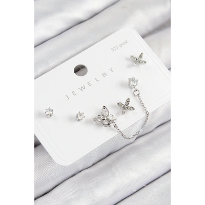 ÇOK SATAN Pirinç Zirkon Taşlı Kelebek Model Gümüş Renk 925 Ayar Gümüş Çivi Kadın Küpe Set