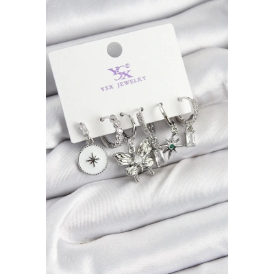 ÇOK SATAN Pirinç Zİrkon Taşlı Kelebek ve Yıldız Model Gümüş Renk 3lü Çift Kadın Küpe