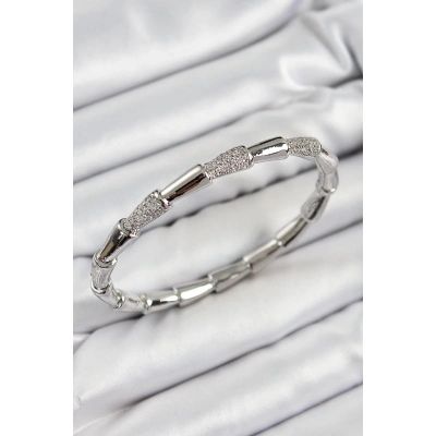 ÇOK SATAN Pirinç Zirkon Taşlı Kemik Model Gümüş Renk Vip Kadın Bileklik