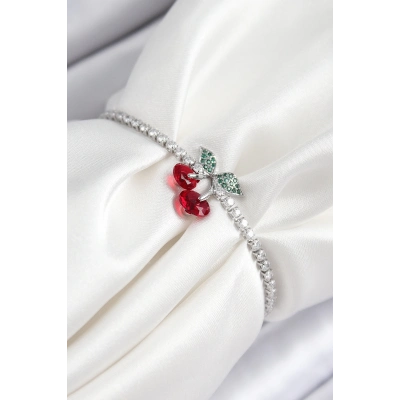 ÇOK SATAN Pirinç Zirkon Taşlı Kiraz Model Gümüş Renk Asansörlü Kadın Bileklik