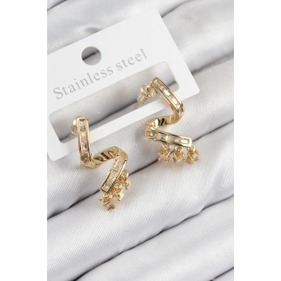 ÇOK SATAN Pirinç Zirkon Taşlı Kıvrımlı Model Gold Renk Kadın Küpe