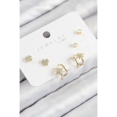 ÇOK SATAN Pirinç Zirkon Taşlı Kutup Yıldızı Model Gold Renk 925 Ayar Gümüş Çivi Kadın Küpe Set