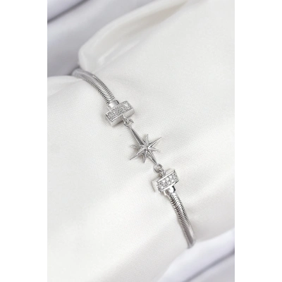 ÇOK SATAN Pirinç Zirkon Taşlı Kutup Yıldızı Model Gümüş Renk Kadın Bileklik