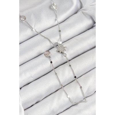 ÇOK SATAN Pirinç Zirkon Taşlı Kutup Yıldızı Model Gümüş Renk Y Kolye