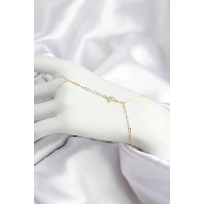 ÇOK SATAN Pirinç Zirkon Taşlı Mavi Boncuklu Yonca Model Gold Renk Şahmeran