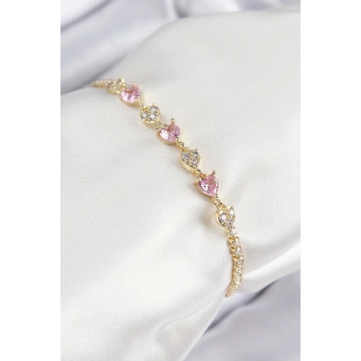 ÇOK SATAN Pirinç Zirkon Taşlı Pembe Kalp Model Gold Renk Kadın Bileklik