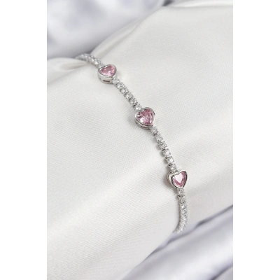 ÇOK SATAN Pirinç Zirkon Taşlı Pembe Kalp Model Gümüş Renk Kadın Bileklik