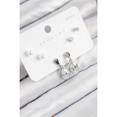 ÇOK SATAN Pirinç Zirkon Taşlı Sallantılı Damla Model Gümüş Renk 925 Ayar Gümüş Çivi Kadın Küpe Set