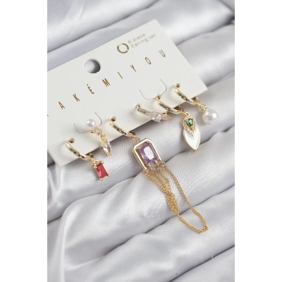 ÇOK SATAN Pirinç Zirkon Taşlı Sallantılı Ve İncili Gold Renk 6lı Küpe Set