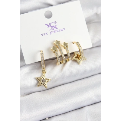 ÇOK SATAN Pirinç Zİrkon Taşlı Sallantılı Yıldız Model Gold Renk 3lü Kadın Küpe