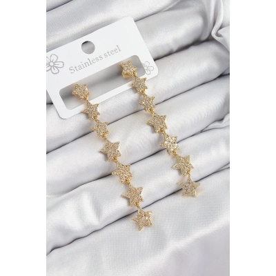 ÇOK SATAN Pirinç Zirkon Taşlı Sallantılı Yıldız Model Gold Renk Kadın Küpe