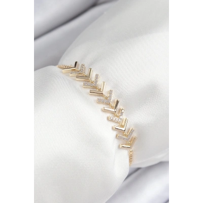 ÇOK SATAN Pirinç Zirkon Taşlı Sıralı Ok Model Gold Renk Asansörlü Kadın Bileklik