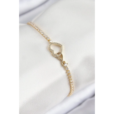 ÇOK SATAN Pirinç Zirkon Taşlı Sonsuzluk Kalp Model Gold Renk Kadın Bileklik