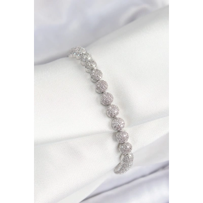 ÇOK SATAN Pirinç Zirkon Taşlı Yarım Topcuk Model Gümüş Renk VIP Seri Kadın Bileklik