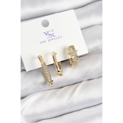 ÇOK SATAN Pirinç Zİrkon Taşlı Yıldız Model Gold Renk 3lü Kadın Küpe