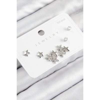 ÇOK SATAN Pirinç Zirkon Taşlı Yıldız Model Gümüş Renk 925 Ayar Gümüş Çivi Kadın Küpe Set