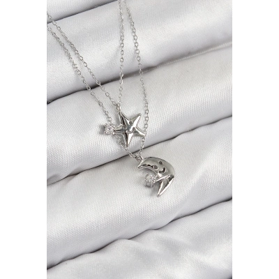 ÇOK SATAN Pirinç Zirkon Taşlı Yıldız Ve Ay Model Gümüş Renk Kadın Kolye