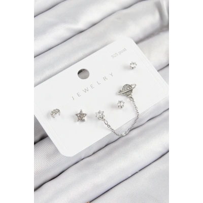 ÇOK SATAN Pirinç Zirkon Taşlı Yıldız Ve Gezegen Model Gümüş Renk 925 Ayar Gümüş Çivi Kadın Küpe Set