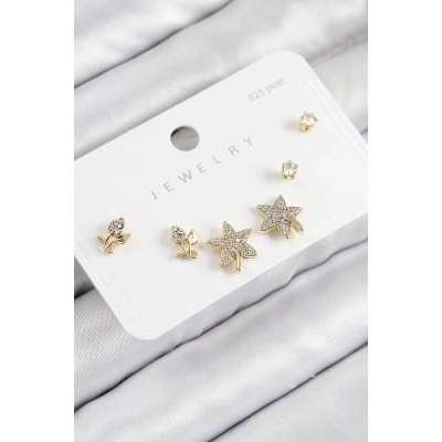 ÇOK SATAN Pirinç Zirkon Taşlı Yıldız Ve Gül Model Gold Renk 925 Ayar Gümüş Çivi Kadın Küpe Set