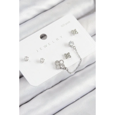 ÇOK SATAN Pirinç Zirkon Taşlı Yonca Model Gümüş Renk 925 Ayar Gümüş Çivi Kadın Küpe Set