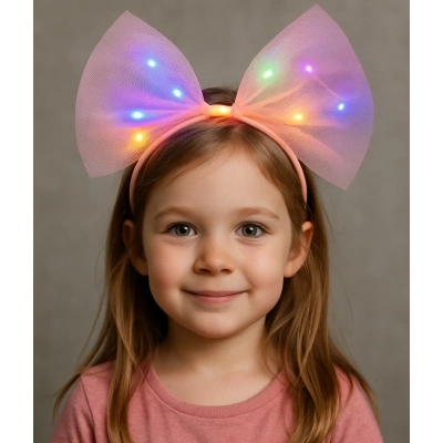 ÇOK SATAN Rengarenk Led Işıklı Fiyonk Şekilli Tül Parti Tacı Pembe Renk 25x25 cm