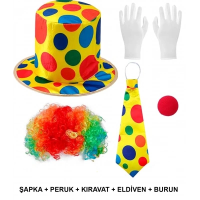 ÇOK SATAN Renkli Palyaço Kostüm Seti – 5 Parça Aksesuar (şapka, Peruk, Kravat, Eldiven, Burun)