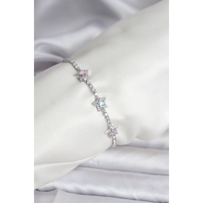 Renkli Yıldız Model Zirkon Taşlı Gümüş Renk Pirinç Su Yolu Kadın Bileklik